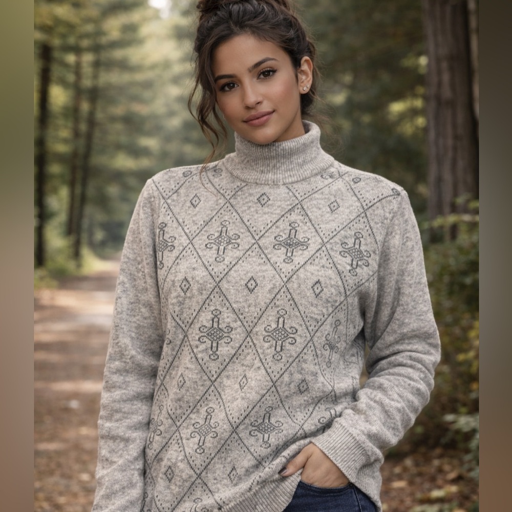 Vintage Angora Luxurious Womens Mock Neck Pullover Sweater Gray Pattern Size M